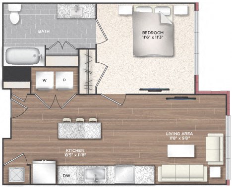 Floor plan for 1 bed, 1 bath, 658 sqft